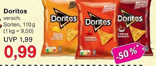 Doritos verschieden. Sorten, 110g (1 kg = 9,00) UVP 1,99