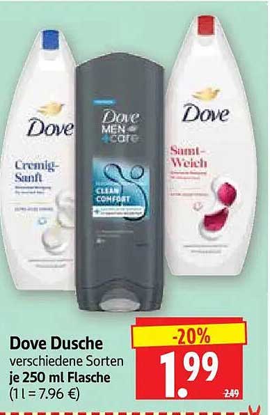 Dove Dusche verschiedene Sorten je 250 ml Flasche (1 l = 7.96 €)
