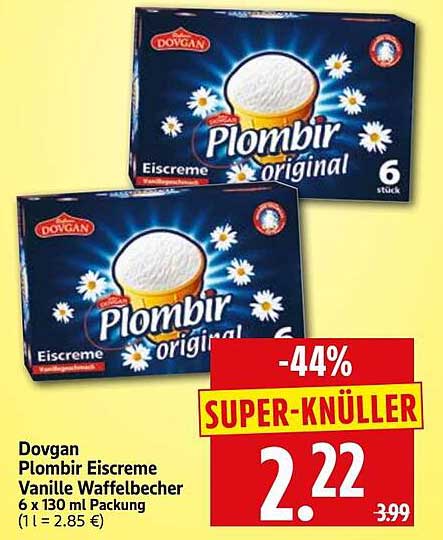 Dovgan Plombir Eiscreme Vanille Waffelbecher 6 x 130 ml Packung