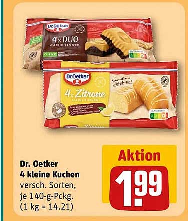Dr. Oetker 4 kleine Kuchen versch. Sorten, je 140-g-Pckg. (1 kg = 14.21)