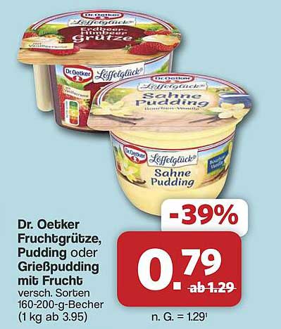 Dr. Oetker Fruchtgrütze, Pudding oder Grießpudding mit Frucht versch. Sorten 160-200-g-Becher (1 kg ab 3.95)