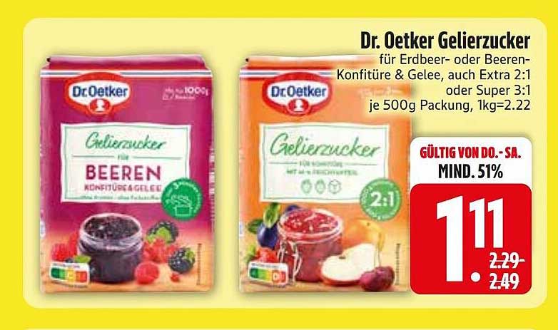 Dr. Oetker Gelierzucker für Erdbe­er- oder Beeren-Konfitüre & Gelee, auch Extra 2:1 oder Super 3:1