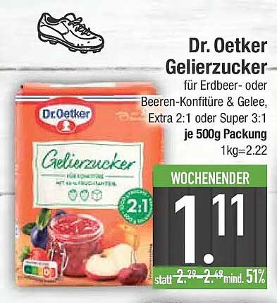 Dr. Oetker Gelierzucker für Erdbeer- oder Beeren-Konfitüre & Gelee, Extra 2:1 oder Super 3:1 je 500g Packung
