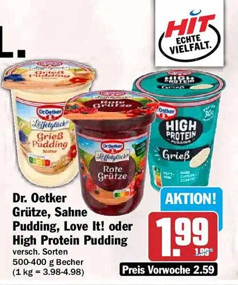 Dr. Oetker Grütze, Sahne Pudding, Love It! oder High Protein Pudding versch. Sorten 500-400 g Becher (1 kg = 3.98-4.98)
