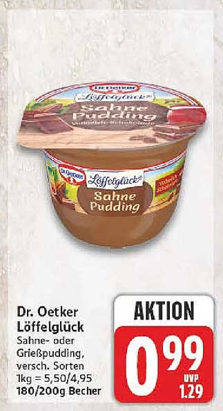 Dr. Oetker Löffelglück Sahne- oder Grießpudding, versch. Sorten, 1kg = 5,50/4,95 180/200g Becher