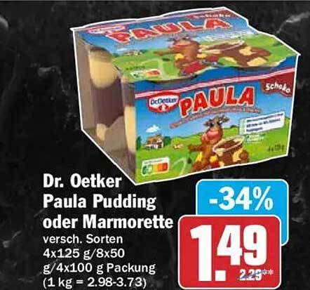 Dr. Oetker Paula Pudding oder Marmorrette versch. Sorten 4x125 g/8x50 g/4x100 g Packung
