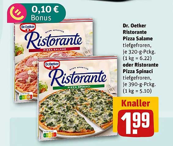 Dr. Oetker Ristorante Pizza Salame tiefgefroren, je 320-g-Pckg. (1 kg = 6.22) oder Ristorante Pizza Spinaci tiefgefroren, je 390-g-Pckg. (1 kg = 5.10)