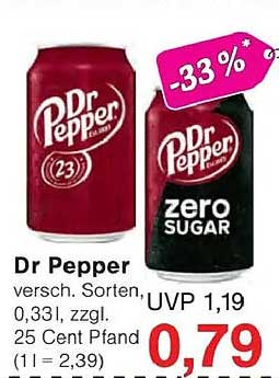 Dr Pepper versch. Sorten, 0,33l, zzgl. 25 Cent Pfand (1 = 2,39)