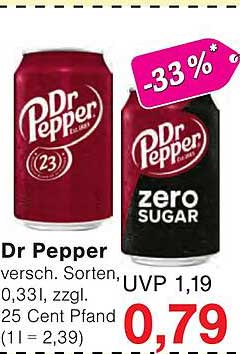 Dr Pepper versch. Sorten, 0,33l, zzgl. 25 Cent Pfand