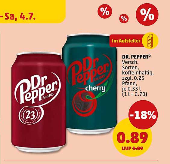 DR. PEPPER* Versch. Sorten, koffeeinhaltig, zzgl. 0.25 Pfand, je 0.33 l (1 l = 2.70)