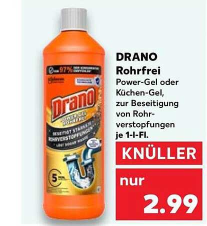 DRANO Rohrfrei Power-Gel oder Küchen-Gel, zur Beseitigung von Rohrverstopfungen je 1-l-Fl.