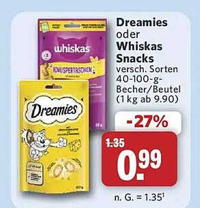Dreamies oder Whiskas Snacks versch. Sorten 40-100-g-Becher/Beutel (1 kg ab 9.90)