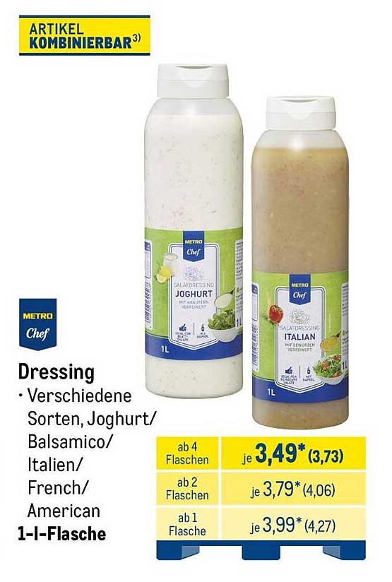 Dressing • Verschiedene Sorten, Joghurt/Balsamico/Italien/French/American 1-l-Flasche