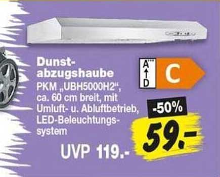 Dunst-abzugshaube PKM „UBH5000H2“, ca. 60 cm breit, mit Umluft- u. Abluftbetrieb, LED-Beleuchtungssystem