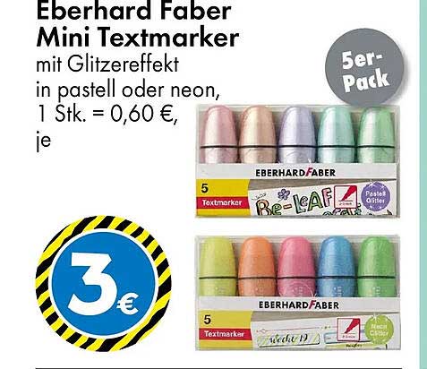 Eberhard Faber Mini Textmarker mit Glitzereffekt in pastell oder neon, 1 Stk. = 0,60 €, je