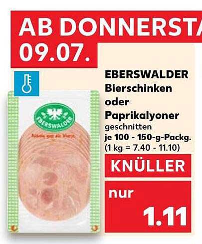 EBERSWALDER Bierschinken oder Paprikalyoner geschnitten je 100 - 150-g-Pack. (1 kg = 7.40 - 11.10)
