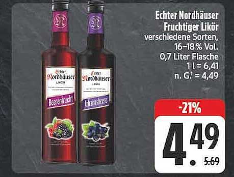 Echter Nordhäuser Fruchtiger Likör verschiedene Sorten, 16-18 % Vol. 0,7 Liter Flasche