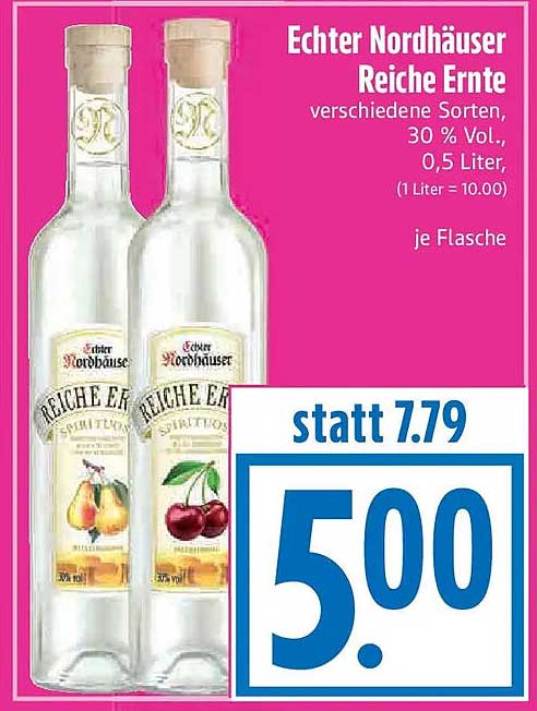 Echter Nordhäuser Reiche Ernte verschiedene Sorten, 30 % Vol., 0,5 Liter, (1 Liter = 10.00) je Flasche