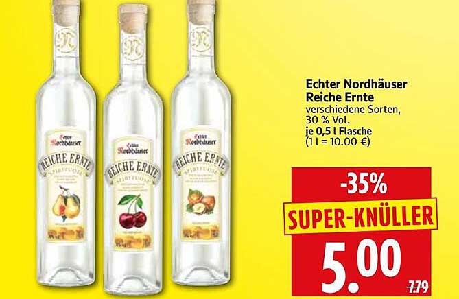 Echter Nordhäuser Reiche Ernte verschiedene Sorten, 30 % Vol. je 0,5 l Flasche (1 l = 10.00 €)