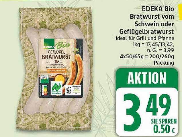 EDEKA Bio Bratwurst vom Schwein oder Geflügelbratwurst ideal für Grill und Pfanne