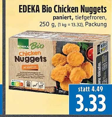 EDEKA Bio Chicken Nuggets paniert, tiefgefroren, 250 g, (1 kg = 13.32), Packung
