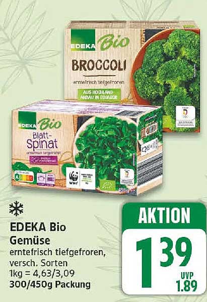EDEKA Bio Gemüse erntefrisch tiefgefroren, versch. Sorten 1kg = 4,63/3,09 300/450g Packung