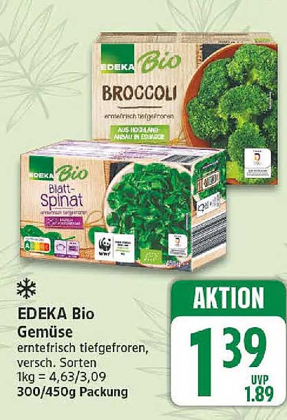 EDEKA Bio Gemüse erntefrisch tiefgefroren, versch. Sorten 1kg = 4,63/3,09 300/450g Packung