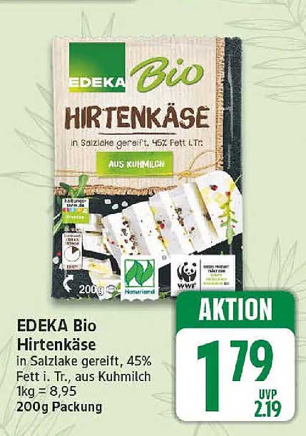EDEKA Bio Hirtenkäse in Salzlake gereift, 45% Fett i. Tr., aus Kuhmilch 200g Packung