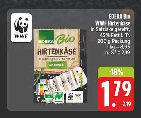 EDEKA Bio WWF Hirtenkäse in Salzlake gereift, 45% Fett i. Tr., 200 g Packung