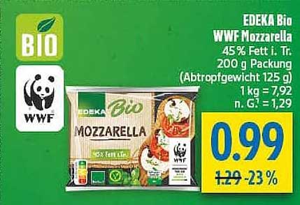 EDEKA Bio WWF Mozzarella 45 % Fett i. Tr. 200 g Packung (Abtropfgewicht 125 g)