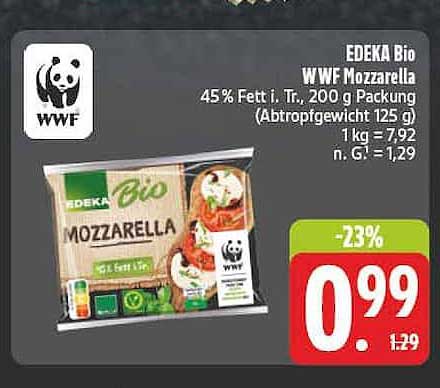 EDEKA Bio WWF Mozzarella 45% Fett i. Tr., 200 g Packung (Abtropfgewicht 125 g)