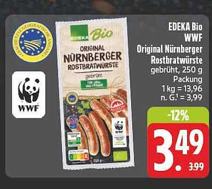 EDEKA Bio WWF Original Nürnberger Rostbratwurst, gebrüht, 250 g Packung