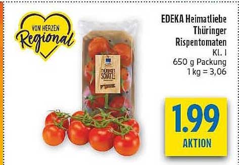 EDEKA Heimatliebe Thüringer Rispen­tomaten Kl. I 650 g Packung 1 kg = 3,06