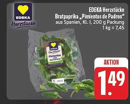 EDEKA Herzstücke Bratpaprika „Pimientos de Padron“ aus Spanien, Kl. I, 200 g Packung 1 kg = 7,45