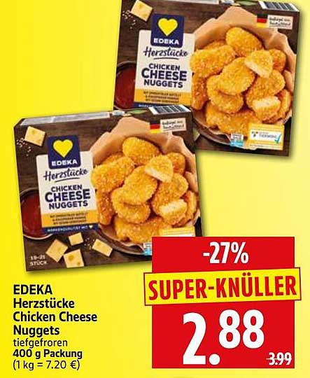 EDEKA Herzstücke Chicken Cheese Nuggets tiefgefroren 400 g Packung (1 kg = 7.20 €)