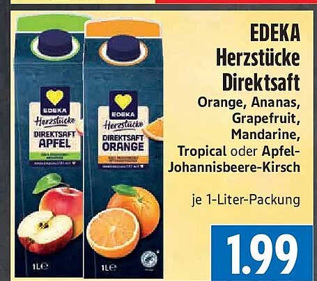EDEKA Herzstücke Direktsaft Orange, Ananas, Grapefruit, Mandarine, Tropical oder Apfel-Johannisbeere-Kirsch je 1-Liter-Packung