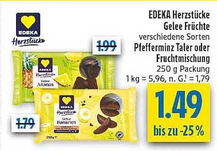 EDEKA Herzstücke Geleefrüchte verschiedene Sorten Pfefferminz Taler oder Fruchtmischung 250 g Packung 1kg = 5,96, n. G. = 1,79