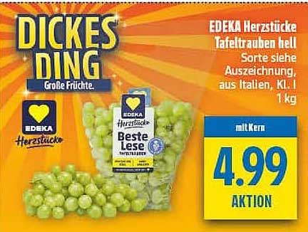 EDEKA Herzstücke Tafeltrauben hell Sorte siehe Auszeichnung, aus Italien, Kl. I 1 kg mit Kern