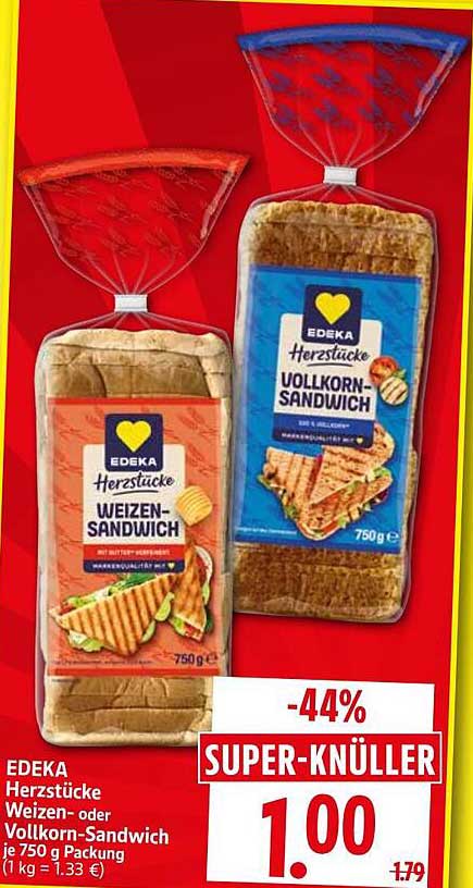EDEKA Herzstücke Weizen- oder Vollkorn-Sandwich je 750 g Packung