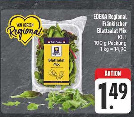 EDEKA Regional Fränkischer Blattsalat Mix KL. I 100 g Packung 1 kg = 14,90