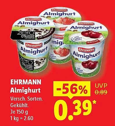 EHRMANN Almighurt Versch. Sorten. Gekühlt. Je 150 g 1 kg = 2.60