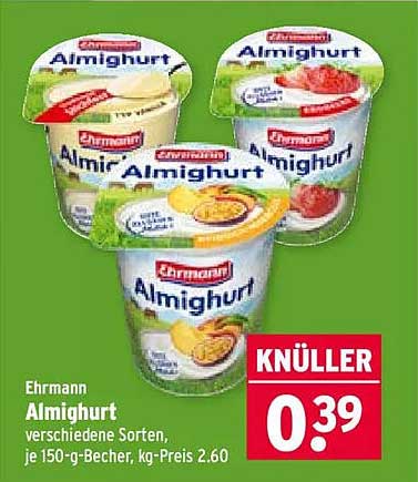 Ehrmann Almighurt verschiedene Sorten, je 150-g-Becher, kg-Preis 2,60