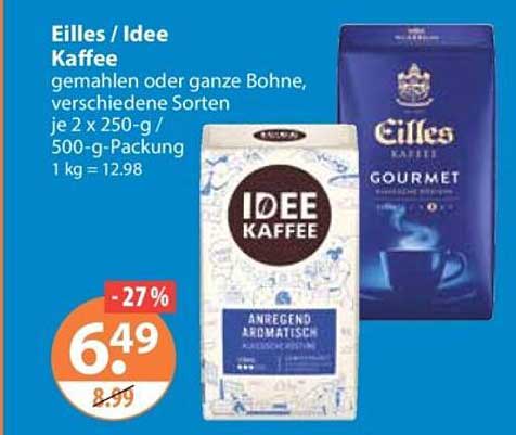 Eilles / Idee Kaffee gemahlen oder ganze Bohne, verschiedene Sorten je 2 x 250-g / 500-g-Packung 1 kg = 12.98