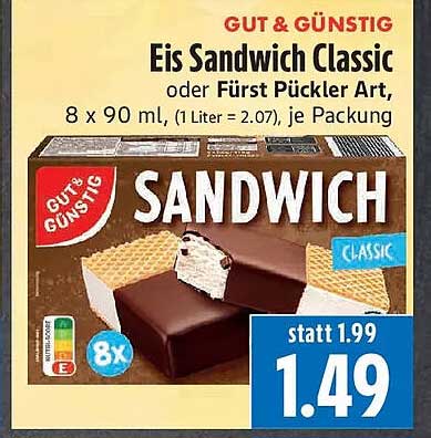 Eis Sandwich Classic oder Fürst Pückler Art, 8 x 90 ml, (1 Liter = 2.07), je Packung