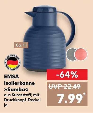EMSA Isolierkanne »Samba« aus Kunststoff, mit Druckknopf-Deckel je
