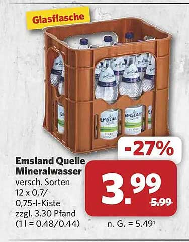 Emsland Quelle Mineralwasser versch. Sorten 12 x 0,7/0,75-l-Kiste zzgl. 3.30 Pfand (1 l = 0.48/0.44)