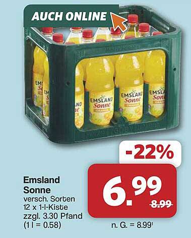 Emsland Sonne versch. Sorten 12 x 1 l-Kiste zzgl. 3.30 Pfand (1 l = 0.58)