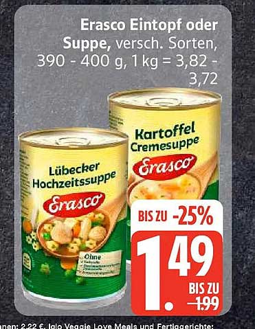 Erasco Eintopf oder Suppe, versch. Sorten, 390 - 400 g, 1 kg = 3,82 - 3,72