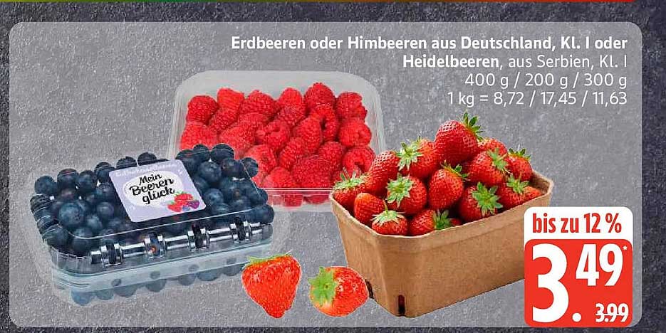 Erdbeeren oder Himbeeren aus Deutschland, Kl. I oder Heidelbeeren, aus Serbien, Kl. I