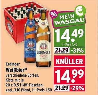 Erdinger Weißbier* verschiedene Sorten, Kiste mit je 20 x 0,5-l-MW-Flaschen, zzgl. 3,10 Pfand, 1-l-Preis 1,50
